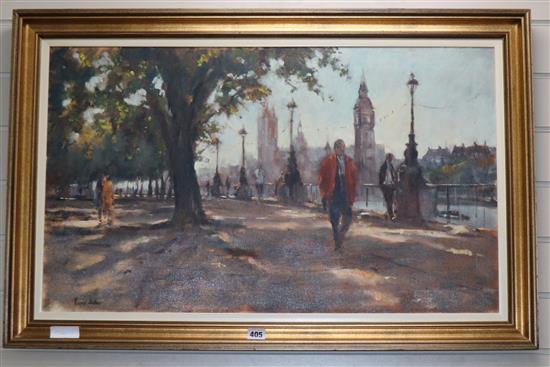 Roger Dellar (Wapping Group), oil on canvas, Walking along the Thames, signed and dated 96, 48 x 80cm